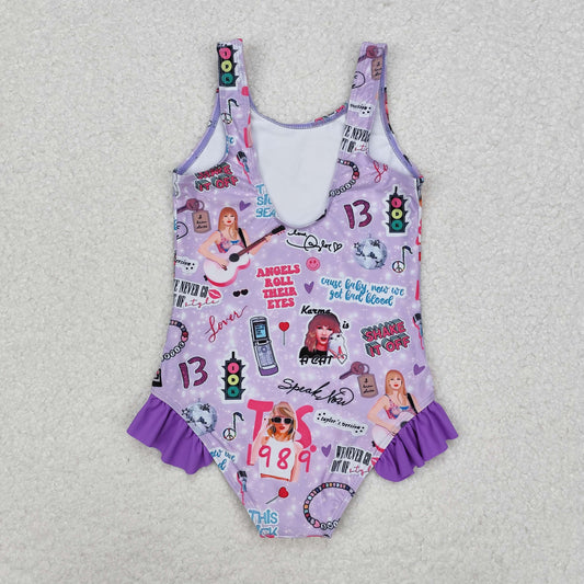 S0388 Baby Girls Purple Sleeveless Ruffle One Piece Swimsuit