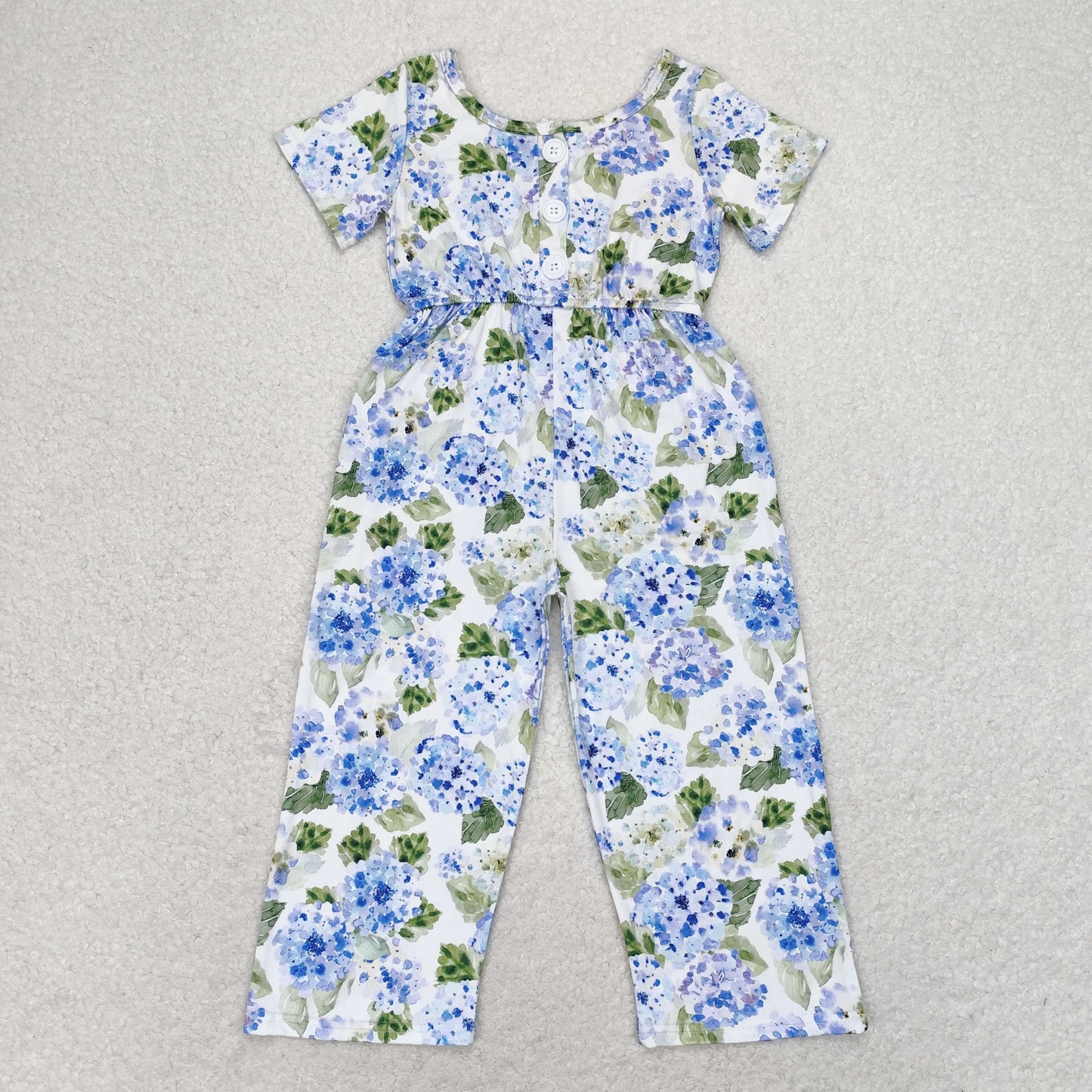 SR1846 Blue hydrangea leaves white short-sleeved jumpsuit