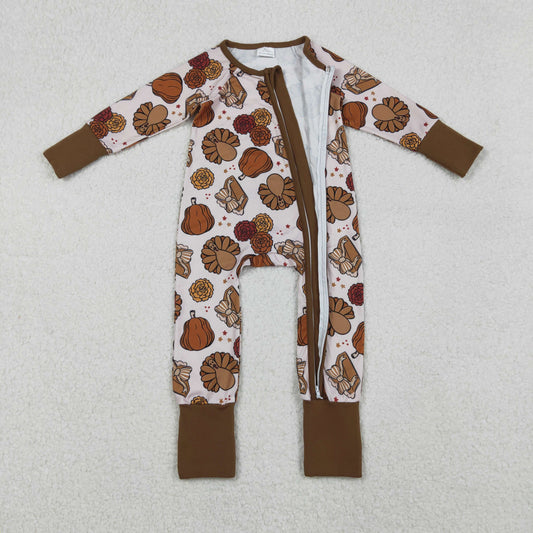 LR2690 Baby Boys Pie Turkey Pumpkins Thanksgiving Zipper Footie Romper C10.20