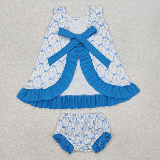 GBO0450 Baby Girls Blue Bows Ruffle Top Bummies Clothes Set