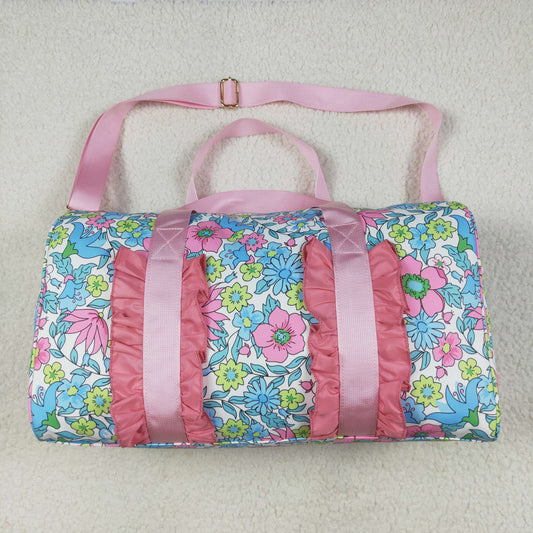 BA0291 Pink Ruffle Blue Floral Print Gym Duffle Bag 7.7
