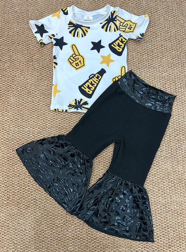 GT0939+P0221 Baby Girls Golden Cheer Top Leopard Bell Pants Clothes Set