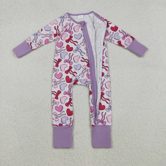 LR2883 Baby Girls Long Sleeve Hearts Bows Valentines Two Way Zip Convertible Romper C12.3
