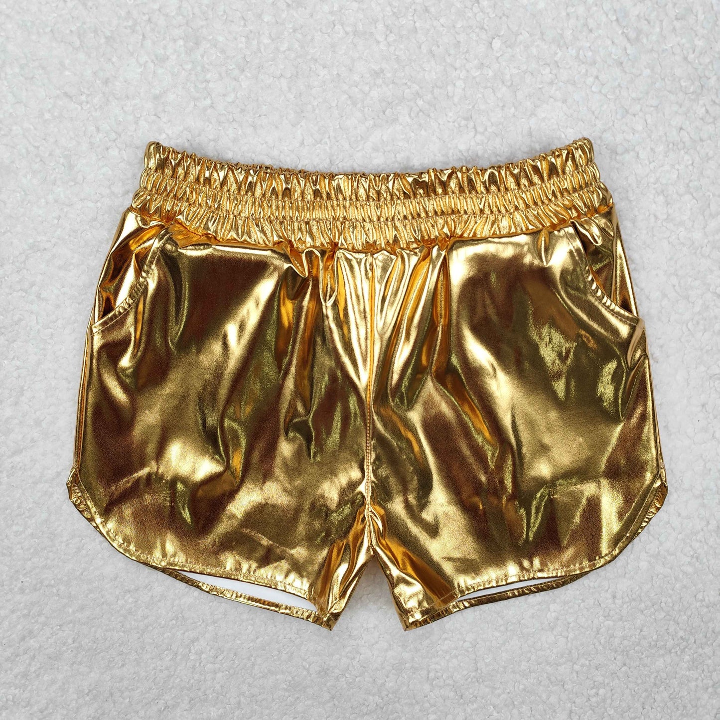 SS0417 Baby Girls Metallic Golden Pocket Leather Elastic Bottom Shorts