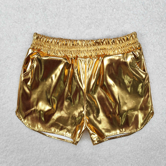 SS0417 Baby Girls Metallic Golden Pocket Leather Elastic Bottom Shorts
