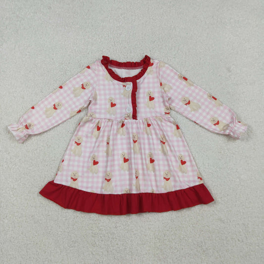 GLD1322 Baby Girls Pink Checked Dogs Hearts Button Ruffle Valentine Knee Length Dress C10.20
