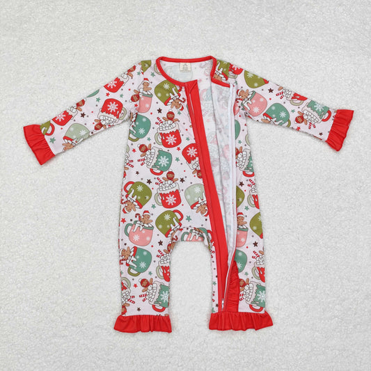 LR1509 Bamboo Baby Infant Girls Christmas Cups Gingerbread Zip Rompers