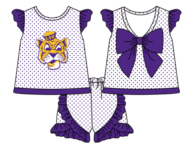 Girls team custom purple polka dot Tiger flying sleeve short sleeve shorts set