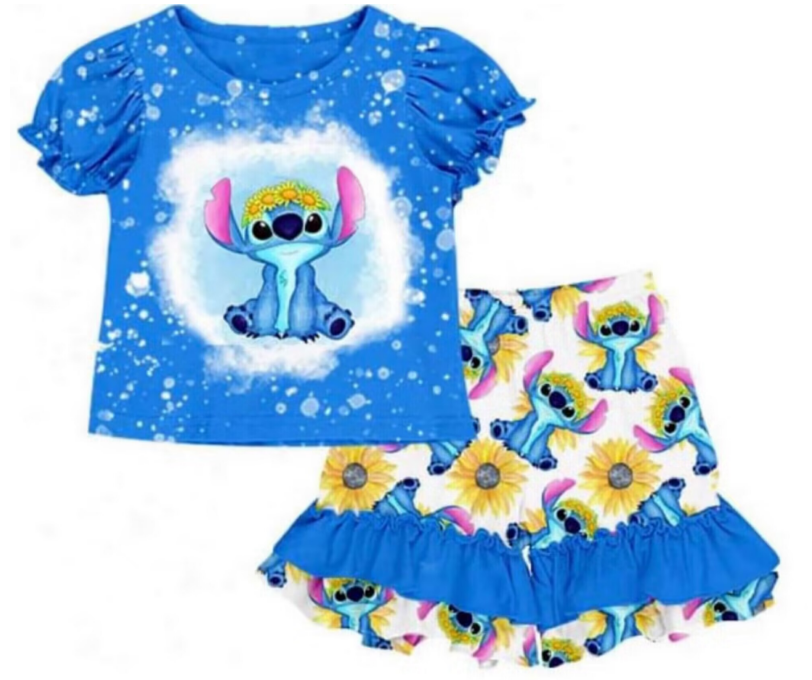 Girls cartoon blue short-sleeved shorts suit