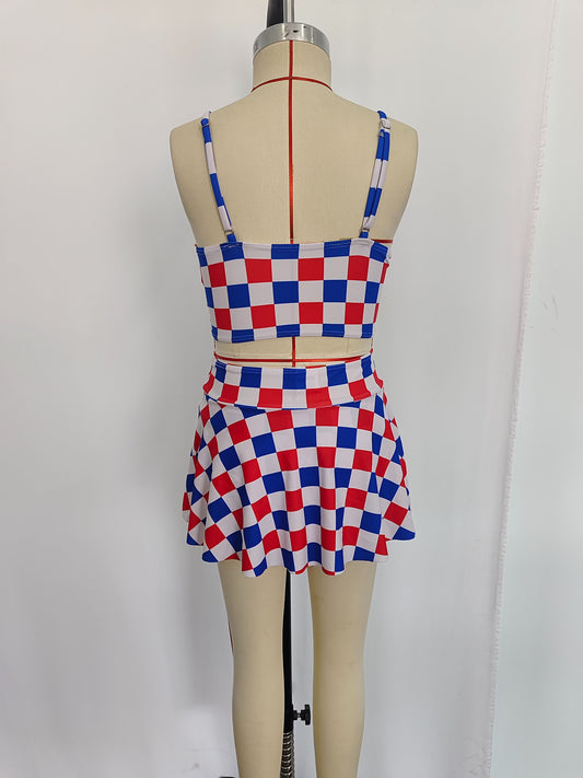 S0287 4th of July Red, blue and white checkered National Day swimsuit