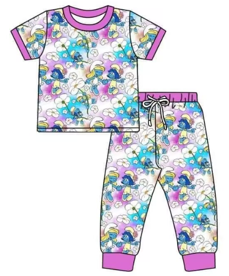 Girls cartoon flower short sleeve pants suit
