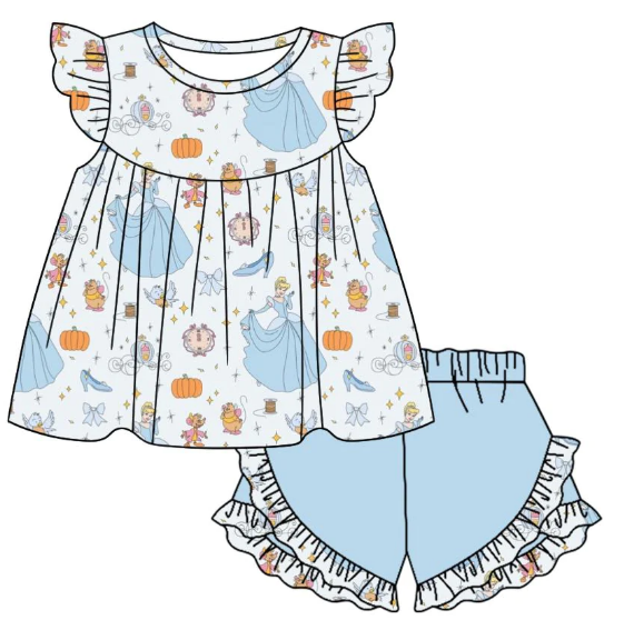 Girls cartoon blue short-sleeved shorts suit