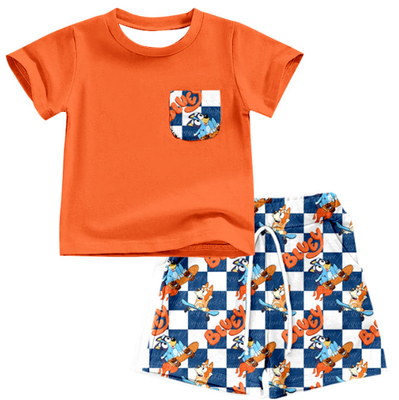 Boy cartoon dog orange short-sleeved top plaid shorts suit