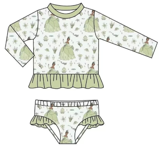 Girls cartoon green swimsuit two-piece