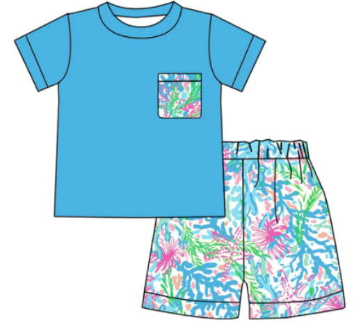 Boys Blue Pattern Teal Pocket short sleeve Shorts Set