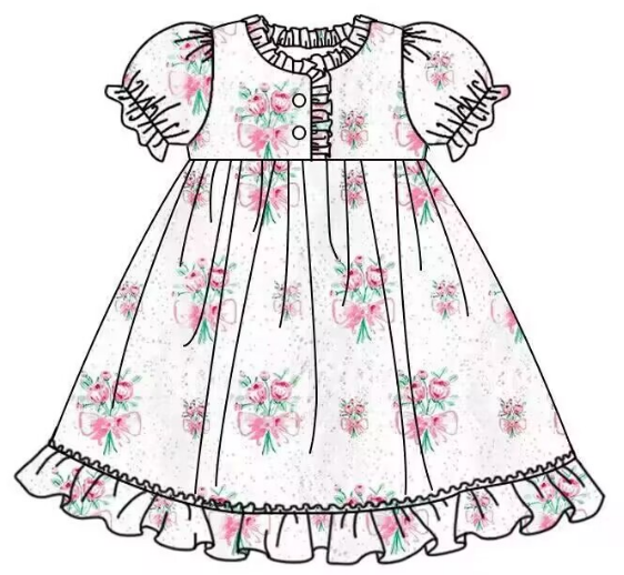 Girls floral white lace button-up short-sleeved dress