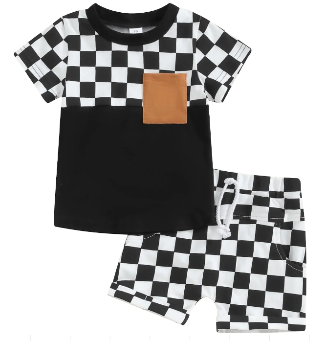 Black and white checkered short-sleeved shorts suit for boys