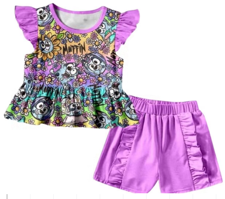 Girls flower cartoon dog purple short sleeve shorts set
