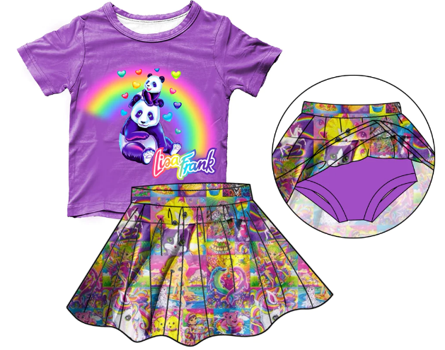 Girls purple rainbow panda short sleeve skirt suit