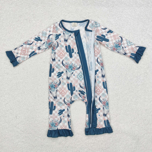 LR1446 Baby Infant Girls Cow Cactus Aztec Western Bamboo Zip Romper