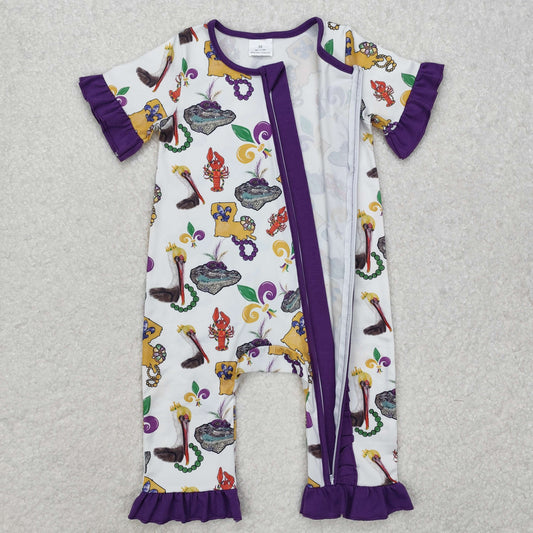 SR2422 Baby Infant Girls Mardi Gras Bird Crawfish Ruffle Zip Romper