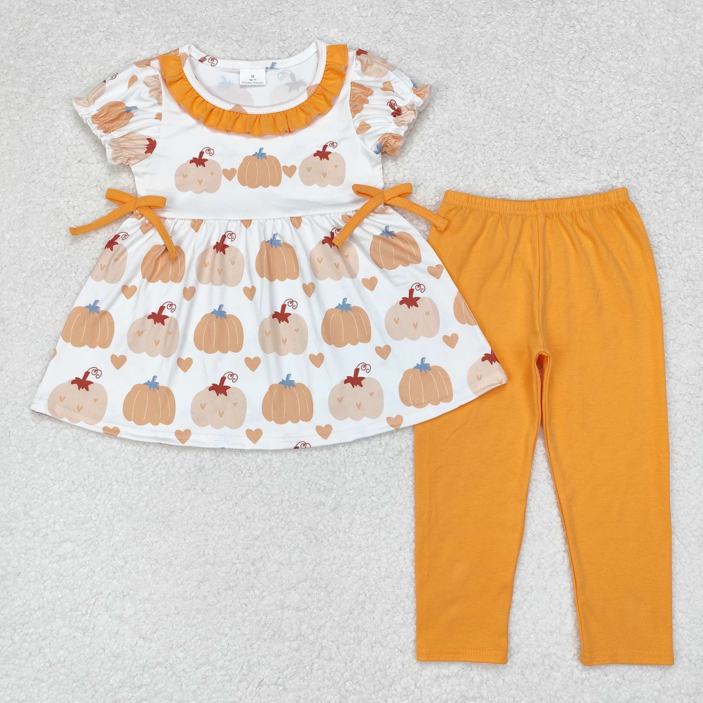 GSPO1566 Pumpkin Heart Orange Lace bow short sleeve pantsuit