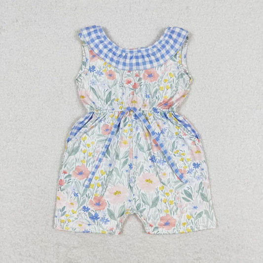 SR1343 Floral floral blue and white checkered lace sleeveless onesie