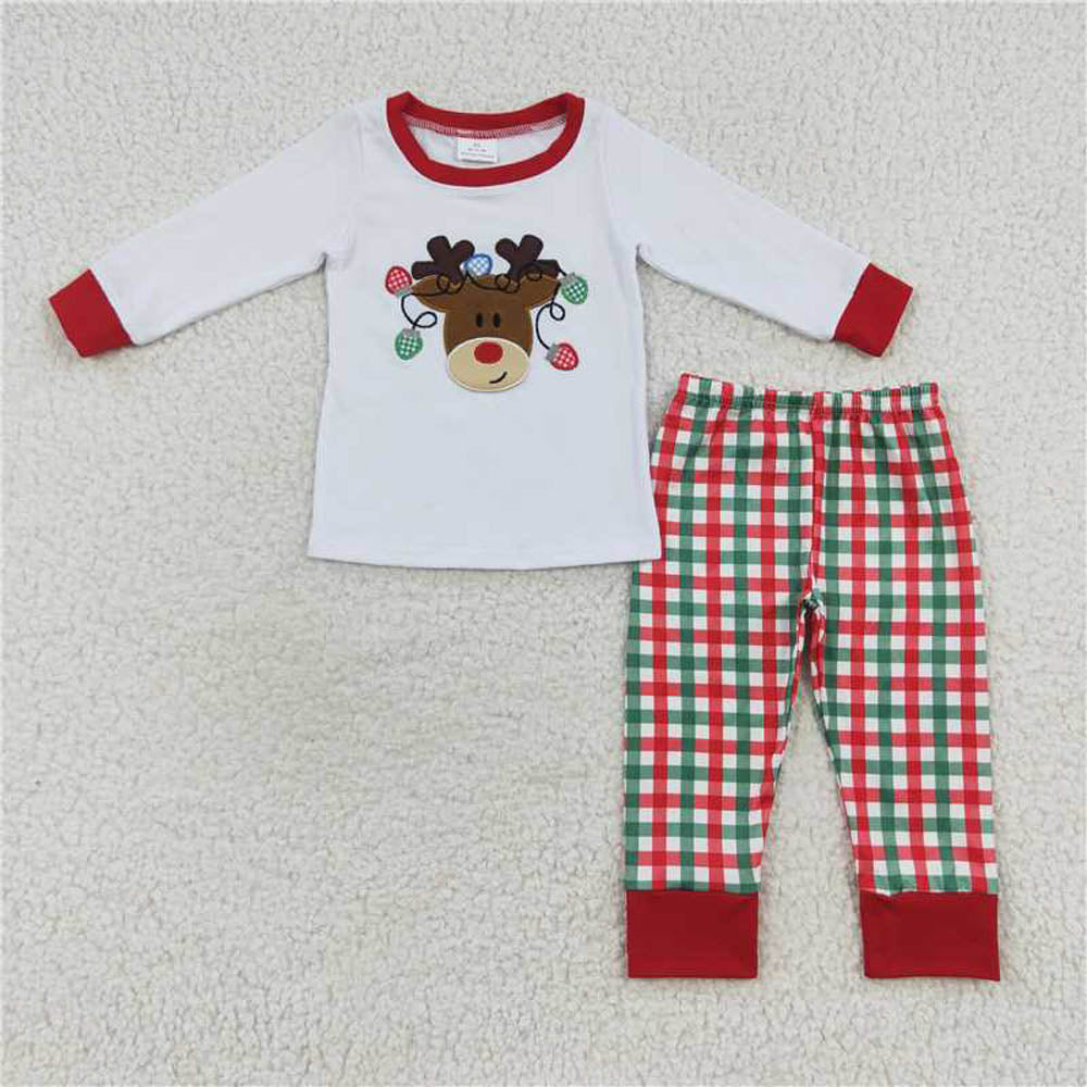 BLP0218 Embroidery lantern deer white long sleeve red green check