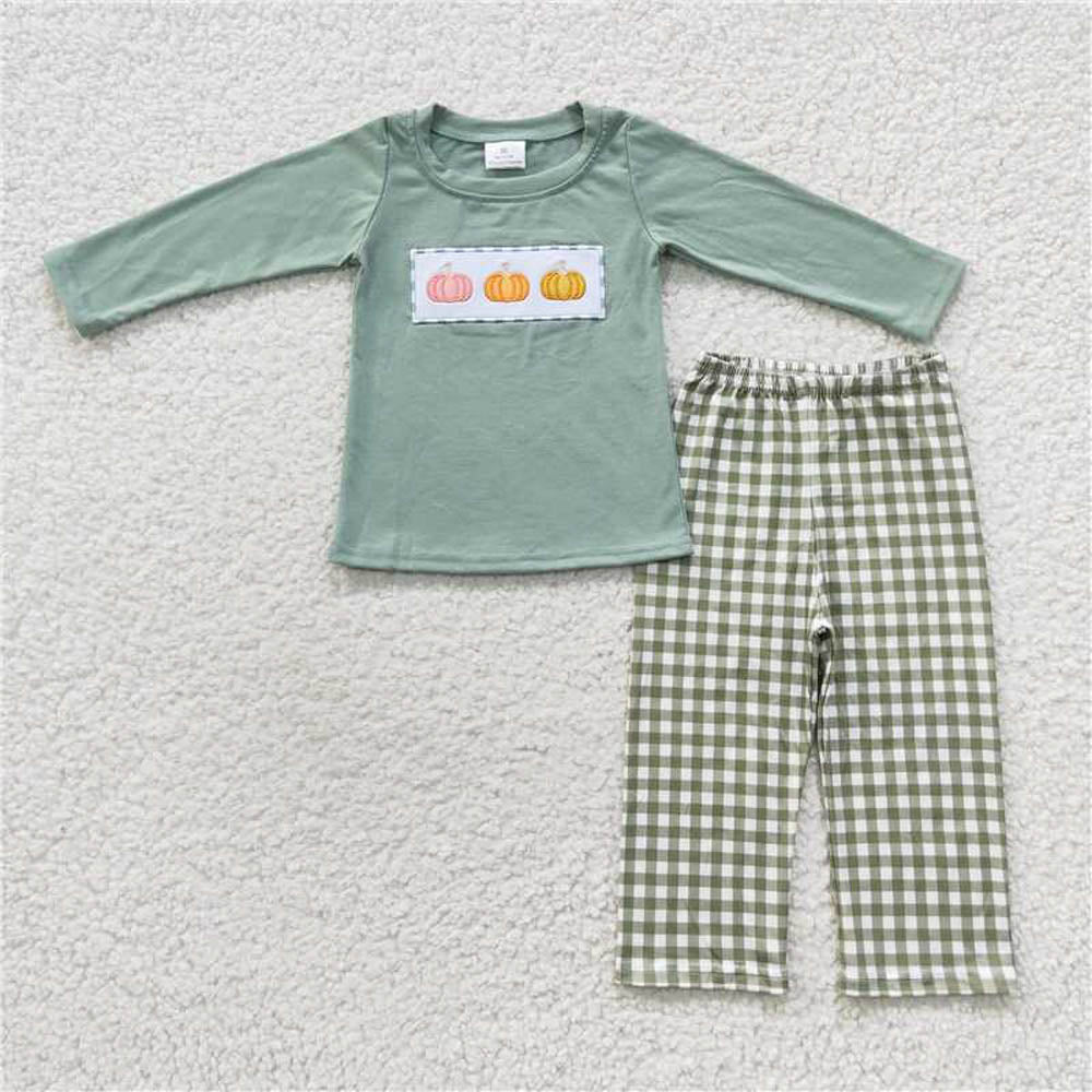 BLP0226 Embroidery three pumpkin green plaid long-sleeved pants