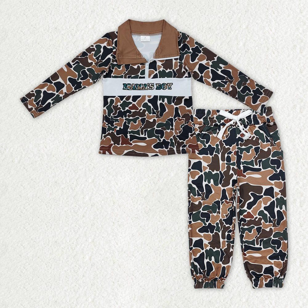 BT0973+P0650 Embroidery Mama's Boy Baby Boys Dark Brown Camo Zipper Pullover Pockets Jogger Clothes Set C10.14