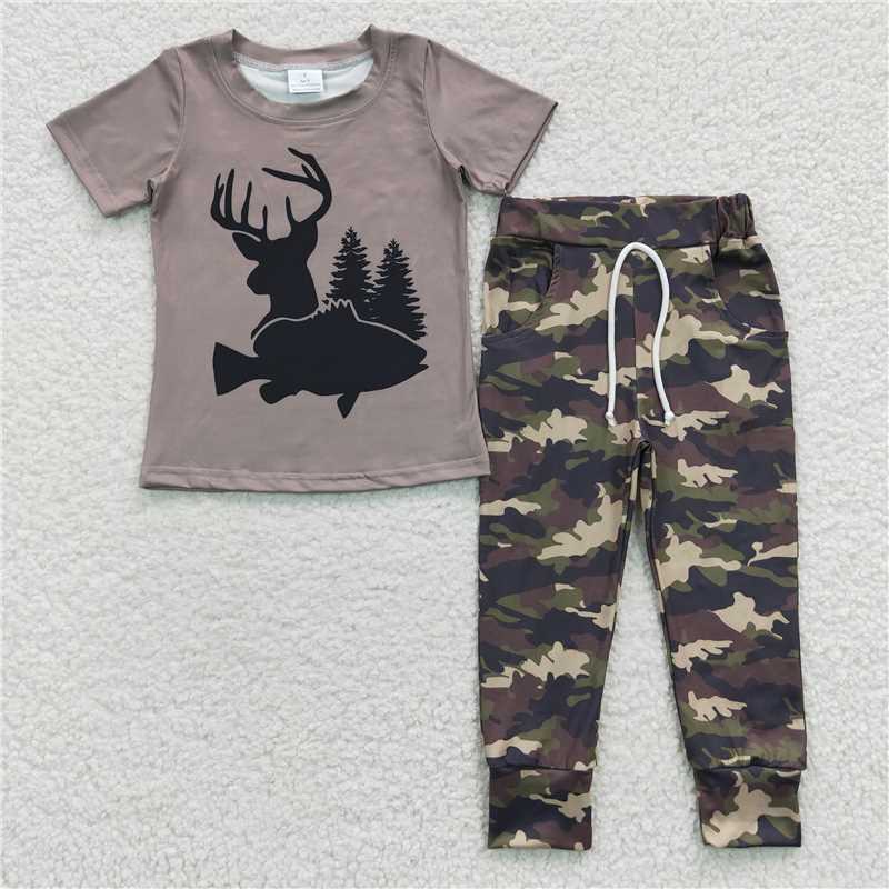 BSPO0108 Boys Hunting Deer Fish Camo Short Sleeve Pants Suit 5.17