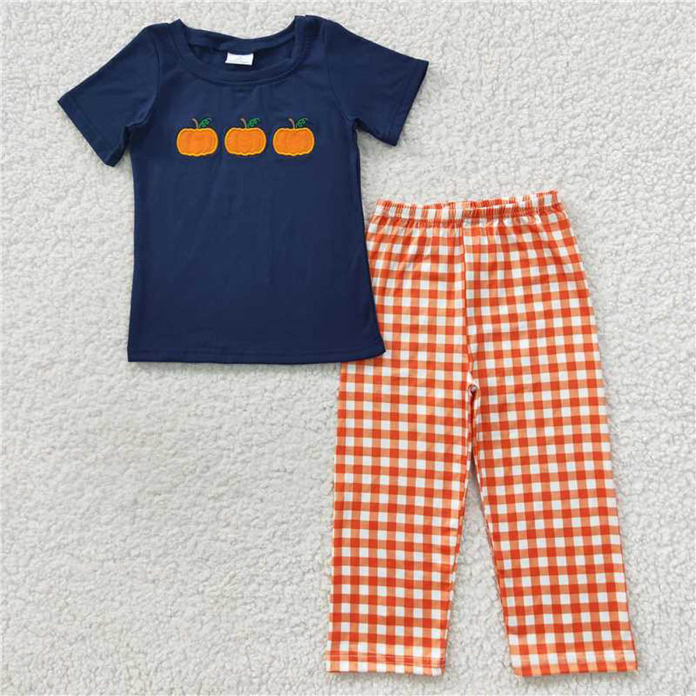 BSPO0145 Embroidery three pumpkin navy blue short sleeve orange check
