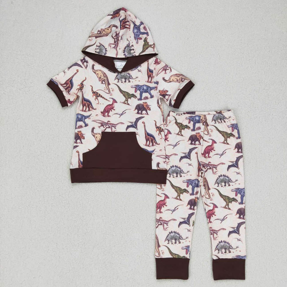 BSPO0152 Dinosaur Brown pocket hooded short-sleeved pantsuit