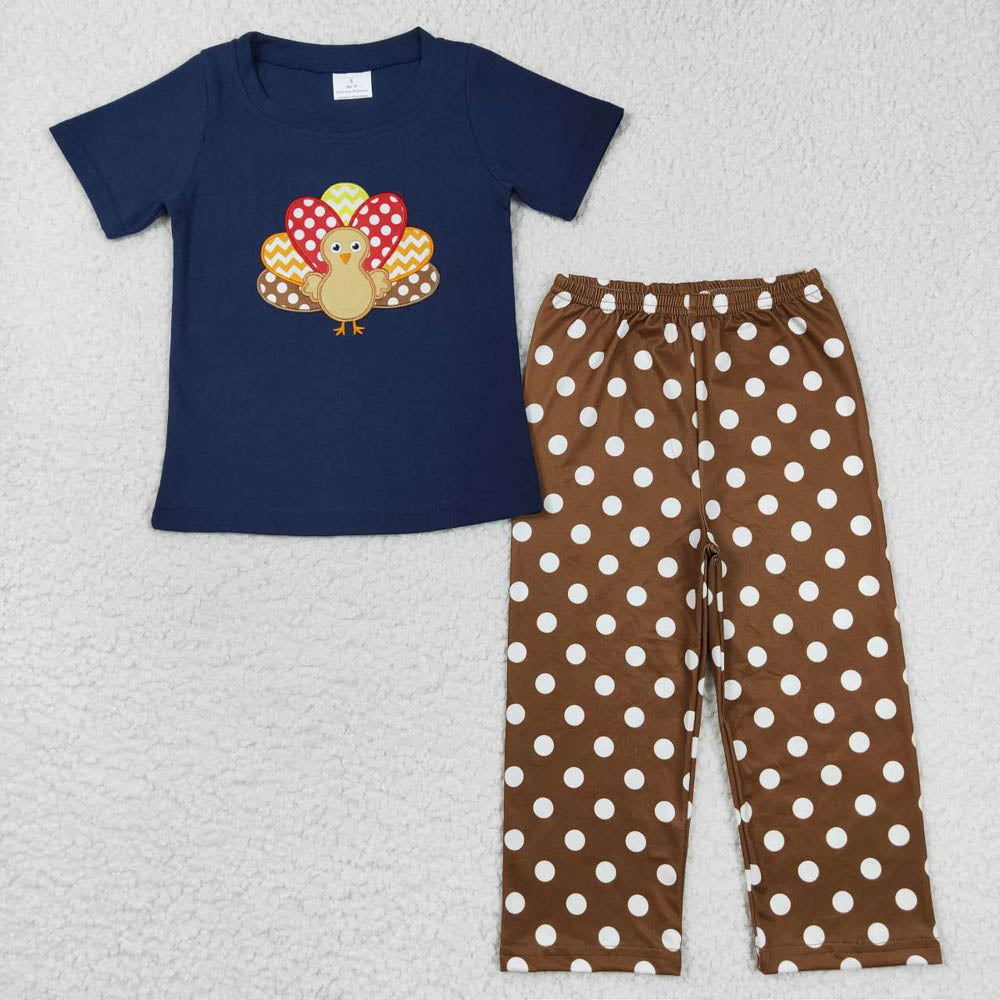 BSPO0162 Embroidered polka dot Turkey navy blue short sleeve brown pants