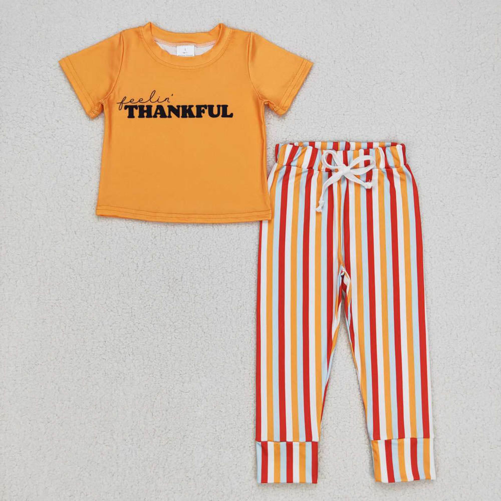 BSPO0167thankful letters Orange short sleeve Blue and red striped short sleeve trousers