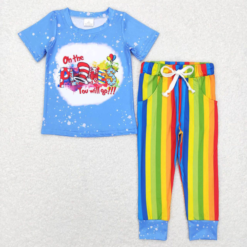 BSPO0176 Boys Alphabet Blue Short Sleeve Pants Suit