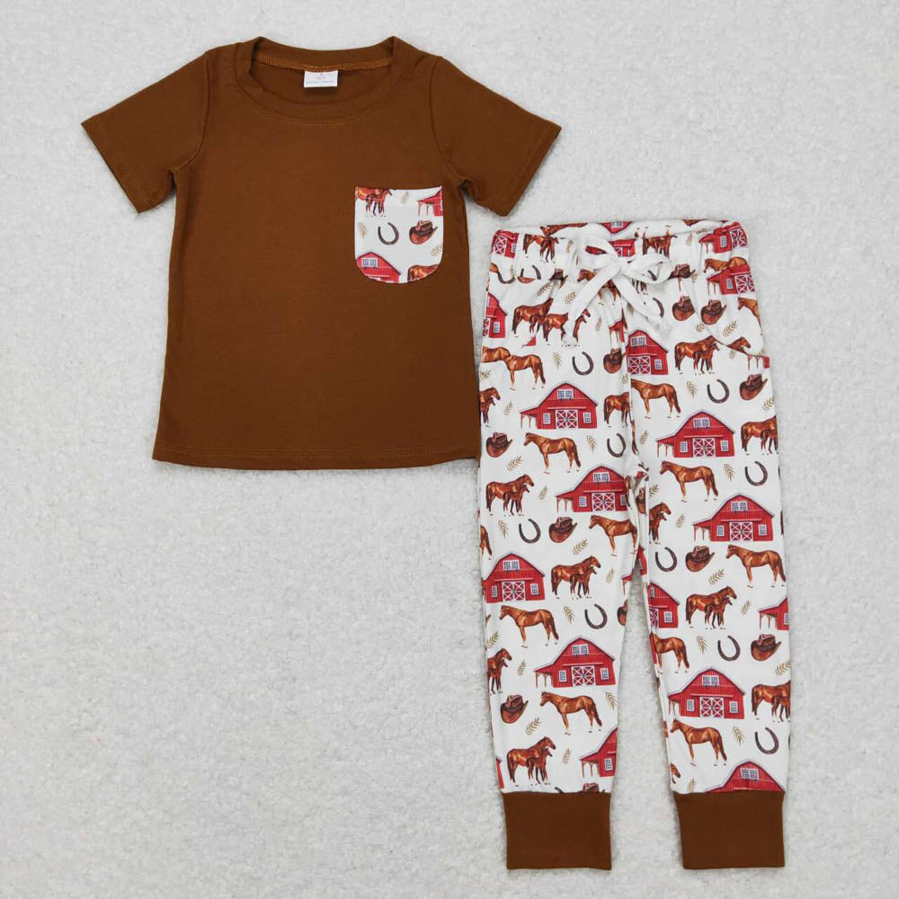 BSPO0207 Farm Red House Horse Pocket Brown Short Sleeve Beige Trousers