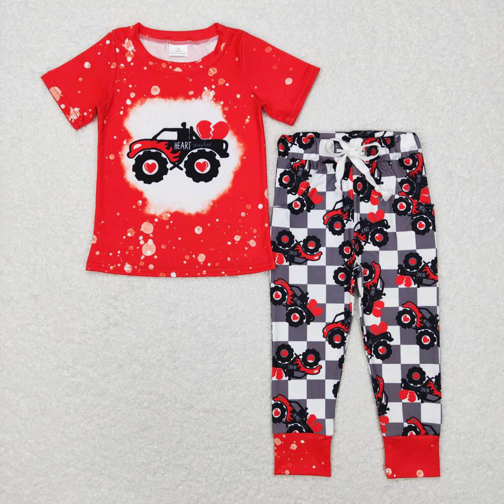 BSPO0227 off-road vehicle love red short-sleeved gray and white plaid trousers suit