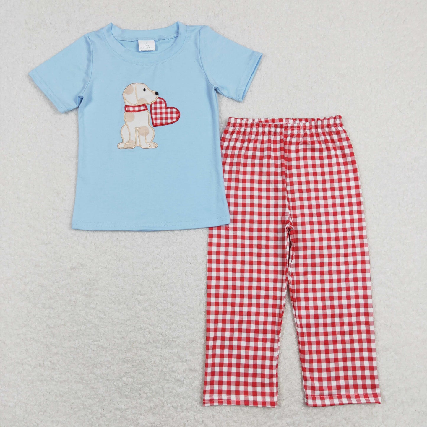 BSPO0269 Embroidery Love Puppy Blue Short Sleeve Red and White Plaid Valentine's Day Set