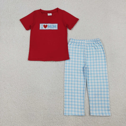 Sibling Baby Boys Girls Embroidery I Love Dad Mom Checked Red Shirt Pants Clothes Sets C11.1