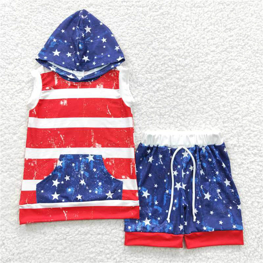 BSSO0244 Boys National Day Star Striped Sleeveless Hooded Shorts Cover
