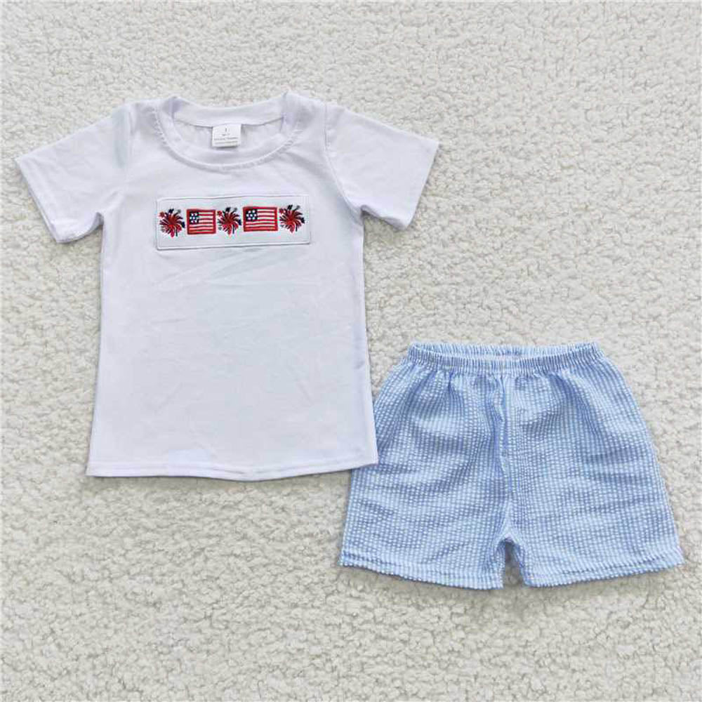 BSSO0253 Boys Embroidery National Day Flag white short sleeve shorts cover