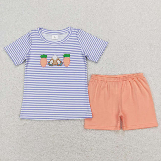 Embroidered Easter Carrot Rabbit Blue and White Striped Short Sleeve Orange Shorts Set Combination