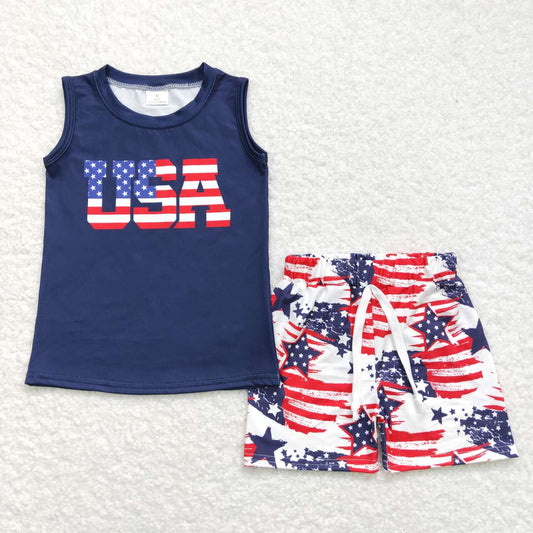 Sibling Baby Boys 4th Of July Stars Sleeveless Tee Shirts Shorts Sets 5.9