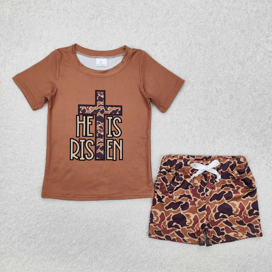 RTS Sibling Baby Boys Brown Camo Cross He is Risen Pockets Shorts Easter Clothes Set Rompers