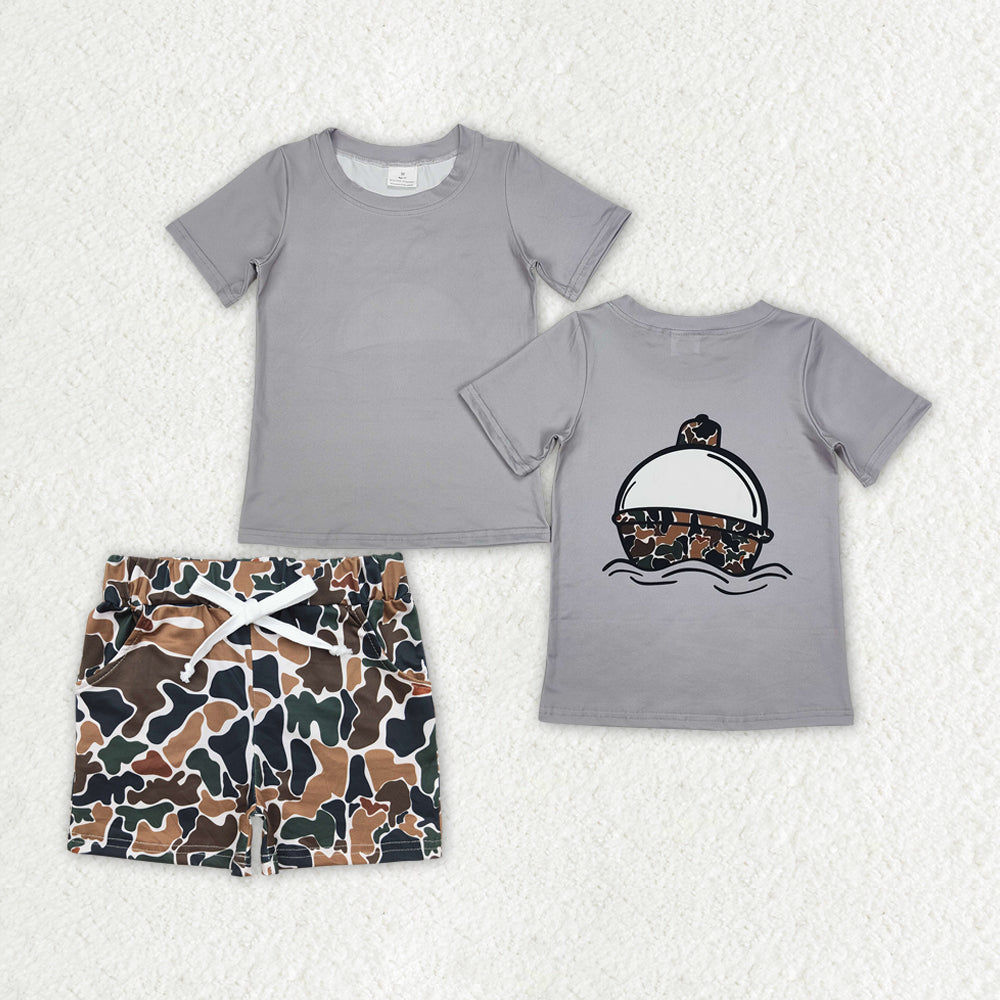 BT0961+SS0359 Baby Boys Fishing Grey Tops Camouflage Shorts Outfits Clothes Set
