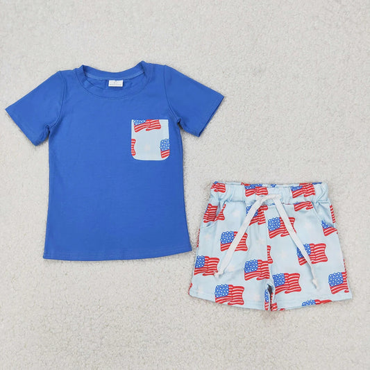 2 Colors Sibling Baby Boys 4th of July Flags Pocket Shirts Shorts Outfits 4.15