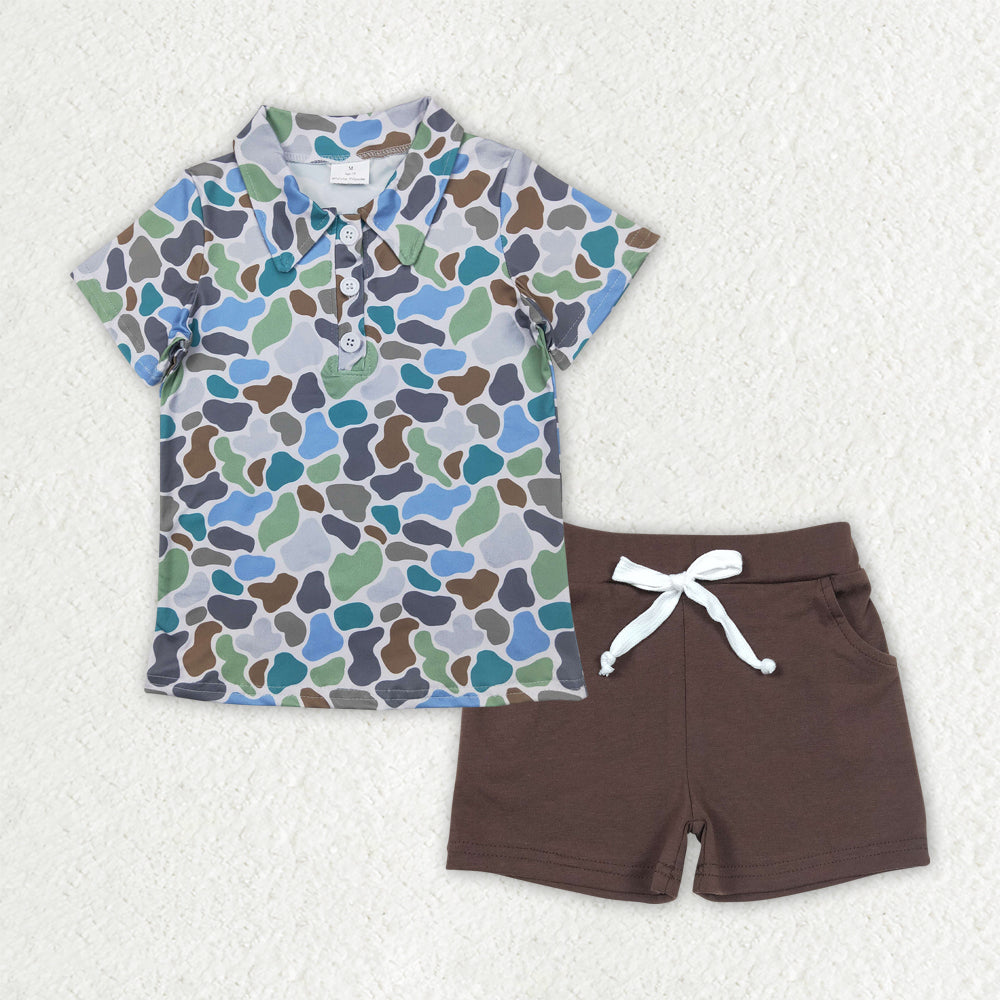 BT1214+SS0134 Baby Boys Blue Camouflage Button Pullover Top Pockets Shorts Set