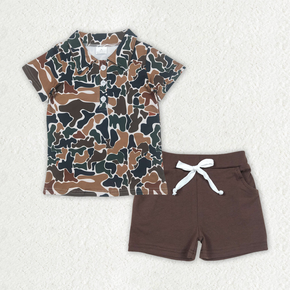 BT1213+SS0134 Baby Boys Brown Camouflage Button Pullover Top Pockets Shorts Set