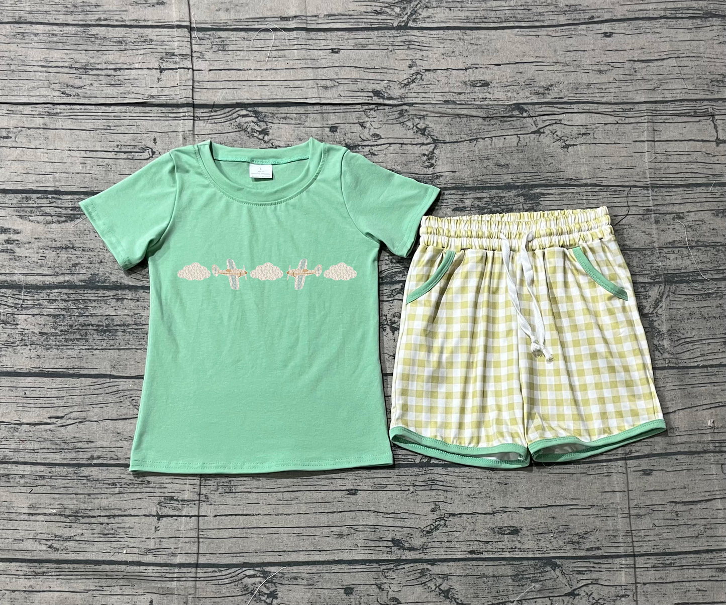 Sample BSSO1684 Cute Embroidery Air Planes Baby Boys Top Checked Pockets Clothes Sets
